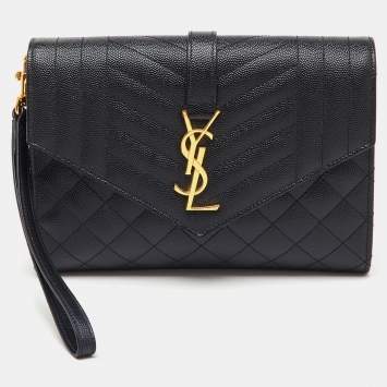 مملوكة مسبقًا Saint Laurent Black Leather Monogram Envelope Pouch Clutch
