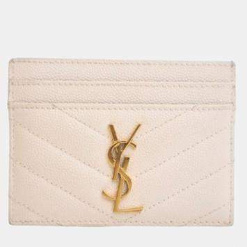 Pre Owned Saint Laurent White Grained Calfskin Card Holder