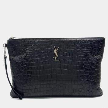 Pre Owned Saint Laurent Paris Black Leather Monogram Clutch