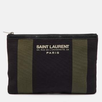 مملوكة مسبقًا Saint Laurent Black/Khaki Stripe Canvas and Leather Zip Pouch