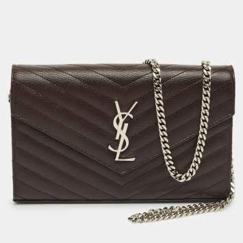 Pre Owned Saint Laurent Dark Burgundy Matelassé Leather Cassandre Wallet on Chain