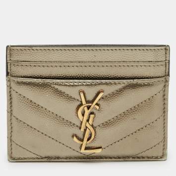 Pre Owned Saint Laurent Metallic Matelassé Leather Monogram Card Holder
