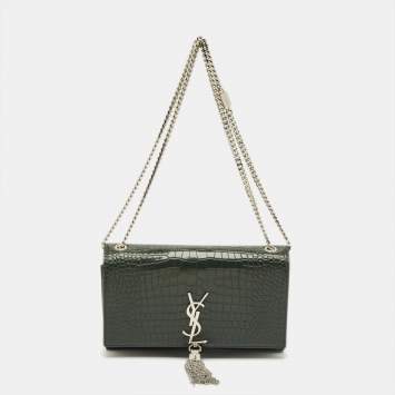 Pre Owned Saint Laurent Green Croc Leather Medium Kate Tassel Chain Shoulder Bag