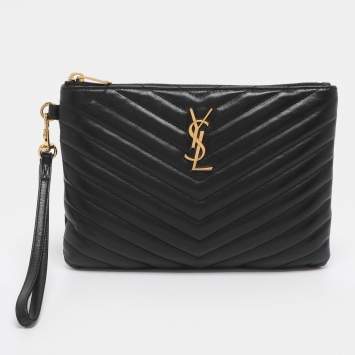 Pre Owned Saint Laurent Black Matelassé Leather Monogram Wristlet Pouch