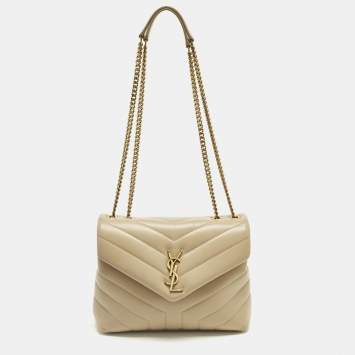 Pre Owned Saint Laurent Beige Matelassé Leather Small Loulou Shoulder Bag