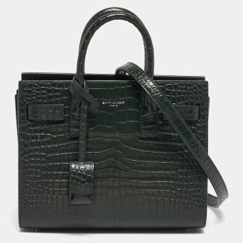 Pre Owned Saint Laurent Classic Sac De Jour Nano Dark Green Croc Embossed Leather Tote