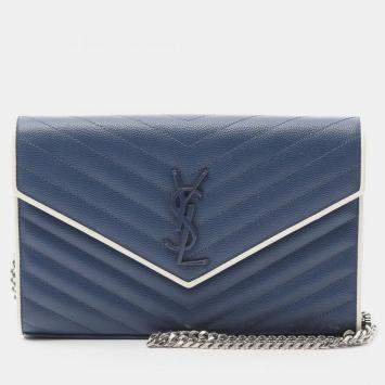 Pre Owned Saint Laurent Paris Cassandra Classic Shoulder Bag Leather Blue And White