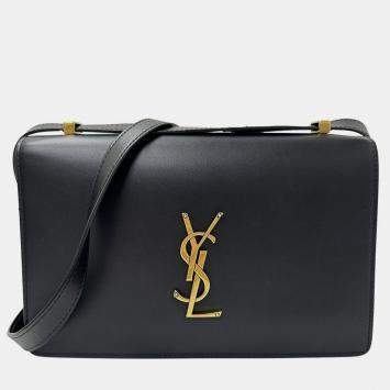 Pre Owned Saint Laurent Cassandra Logo Satchel Shoulder Bag In Black Leather With An Accordion Flap.