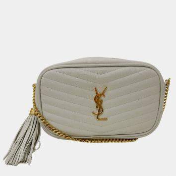 Pre Owned Saint Laurent Lou Shoulder Bag In White Leather With Tassel Small Mini