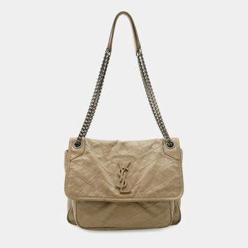 Pre Owned Saint Laurent Paris Ysl Niki Medium Chain Shoulder Bag With V-Stitching In Beige Leather