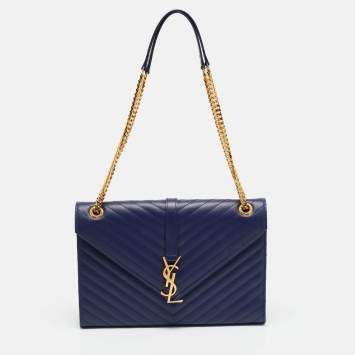 Pre Owned Saint Laurent Monogram Envelope Large Blue Matelasse Leather Shoulder Bag