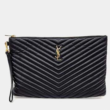 Pre Owned Saint Laurent Paris Black Leather Monogram Clutch