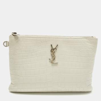 مملوكة مسبقًا Saint Laurent Monogram White Croc Embossed Leather Wristlet Pouch 