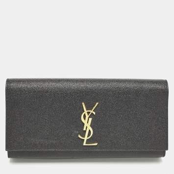 مملوكة مسبقًا Saint Laurent Monogram Dark Grey Shimmer Leather Clutch