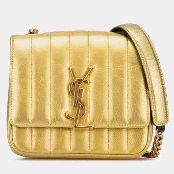 Pre Owned Saint Laurent Paris Gold Small Metallic Grain De Poudre Monogram Vicky Chain Bag