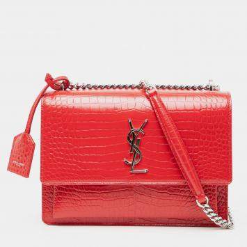 Pre Owned Saint Laurent Paris Red Medium Croc Embossed Monogram Sunset Bag