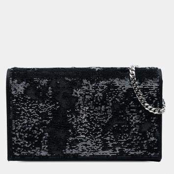 Pre Owned Saint Laurent Paris Black Sequin Monogram Kate Wallet on Chain