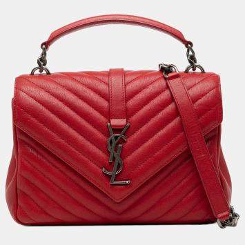 Pre Owned Saint Laurent Paris Red Medium Quilted Chevron Sheepskin College Satchel