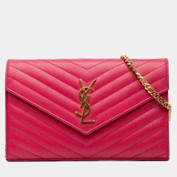 Pre Owned Saint Laurent Paris Pink Grain De Poudre Classic Cassandre Chain Wallet