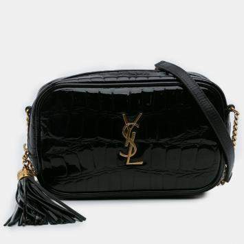 Pre Owned Saint Laurent Paris Black Mini Croc Embossed Patent Monogram Lou Camera Bag