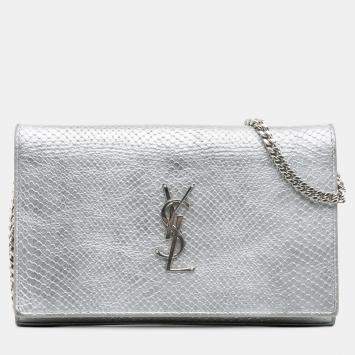 Pre Owned Saint Laurent Paris Silver Metallic Python Embossed Leather Monogram Kate Wallet on Chain