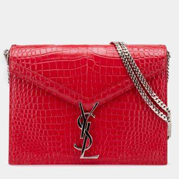 Pre Owned Saint Laurent Paris Red Croc Embossed Leather Monogram Cassandra Clasp Bag