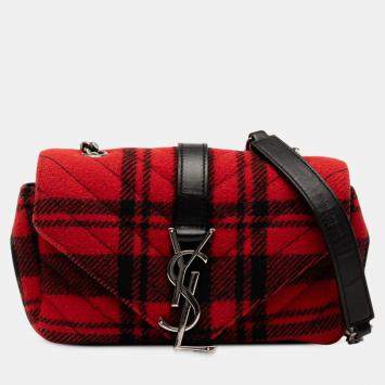 Pre Owned Saint Laurent Paris Red Baby Chevron Tartan Wool Monogram Classic Chain Bag