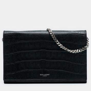 Pre Owned Saint Laurent Paris Black Croc Embossed Leather Wallet On Chain