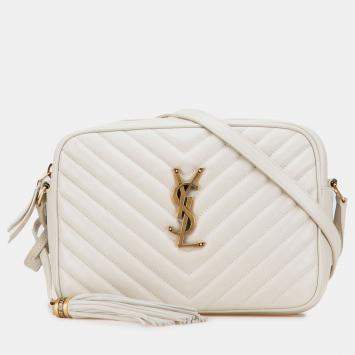 Pre Owned Saint Laurent Paris White Quilted Leather Monogram Lou Camera Bag