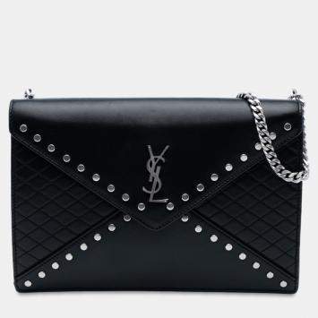 Pre Owned Saint Laurent Paris Black Quilted Lambskin Studded Monogram Gaby Shoulder Bag