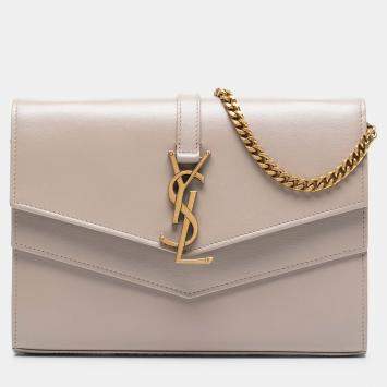 Pre Owned Saint Laurent Paris Beige Leather Monogram Sulpice Wallet on Chain