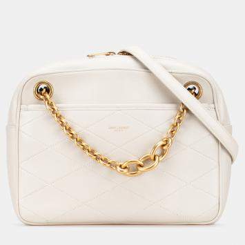 Pre Owned Saint Laurent Paris White Quilted Lambskin Le Maillon Chain Shoulder Bag