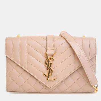 Pre Owned Saint Laurent Paris Brown Small Grain De Poudre Triquilt Monogram Envelope Bag