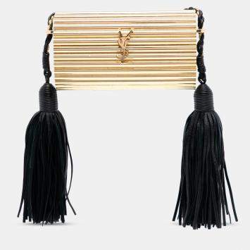 Pre Owned Saint Laurent Paris Gold Ribbed Acrylic Lambskin Fringe Monogram Opium Box Bag