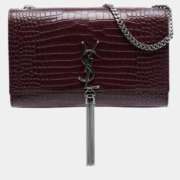 Pre Owned حقيبة كروس بودي بسان لوران باريس مونوغرام كايت بشرابة جلد منقوش تمساح متوسطة حمراء