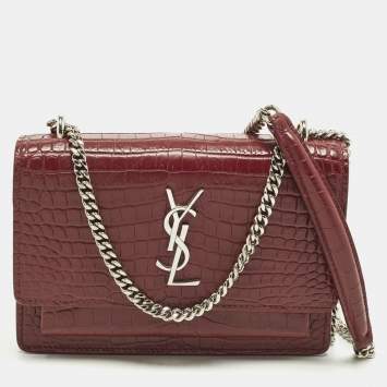 مملوكة مسبقًا Saint Laurent Sunset Small Red Croc Embossed Leather Shoulder Bag