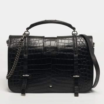 Pre Owned حقيبة رسول سان لوران شارلوت جلد منقوش أسود کروکودیل