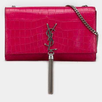 Pre Owned Saint Laurent Paris Pink Medium Croc Embossed Leather Kate Tassel Crossbody