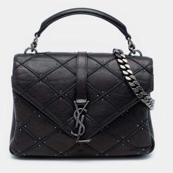 مملوكة مسبقًا Saint Laurent Paris Black Medium Quilted Diamond Iridescent Calfskin Monogram Studded College Satchel