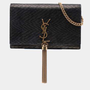 Pre Owned Saint Laurent Paris Black Gold Suede Monogram Kate Tassel Wallet on Chain