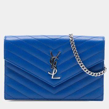 Pre Owned Saint Laurent Paris Blue Grain De Poudre Chevron Monogram Envelope Chain Wallet