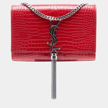Pre Owned Saint Laurent Paris Red Small Embossed Leather Kate Tassel Crossbody