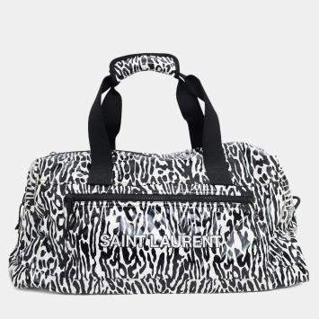 Pre Owned Saint Laurent Black/White Zebra Logo Printed Duffle Bag