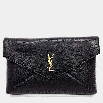 Pre Owned Saint Laurent Paris Black Leather Cassandra Envelope Clutch Large