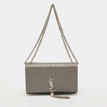مملوكة مسبقًا Saint Laurent Kate Tassel Medium Grey Croc Embossed Leather Shoulder Bag