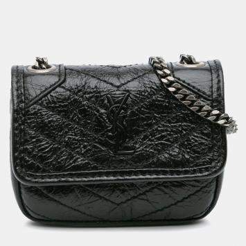 Pre Owned حافظة ايربودز سان لوران باريس نيكاي جلد صغير أسود متجعد بسلسلة