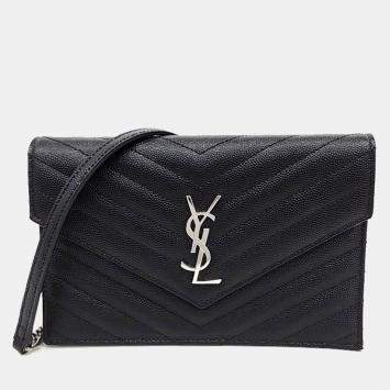 Pre Owned Saint Laurent Paris Black Leather Envelope Chain Shoulder Bag