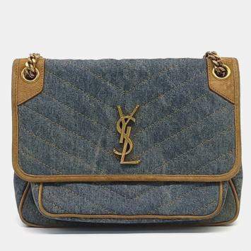Pre Owned حقيبة كتف سان لوران باريس نيكي مونوغرام دنيم بيج/أزرق
