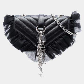 مملوكة مسبقًا Saint Laurent Paris Black Baby Goatskin Tulle Chevron Monogram Classic Punk Chain Bag