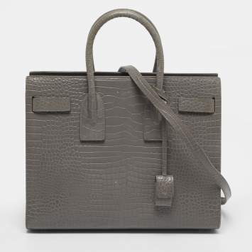 Pre Owned Saint Laurent Classic Sac De Jour Small Grey Croc Embossed Leather Tote